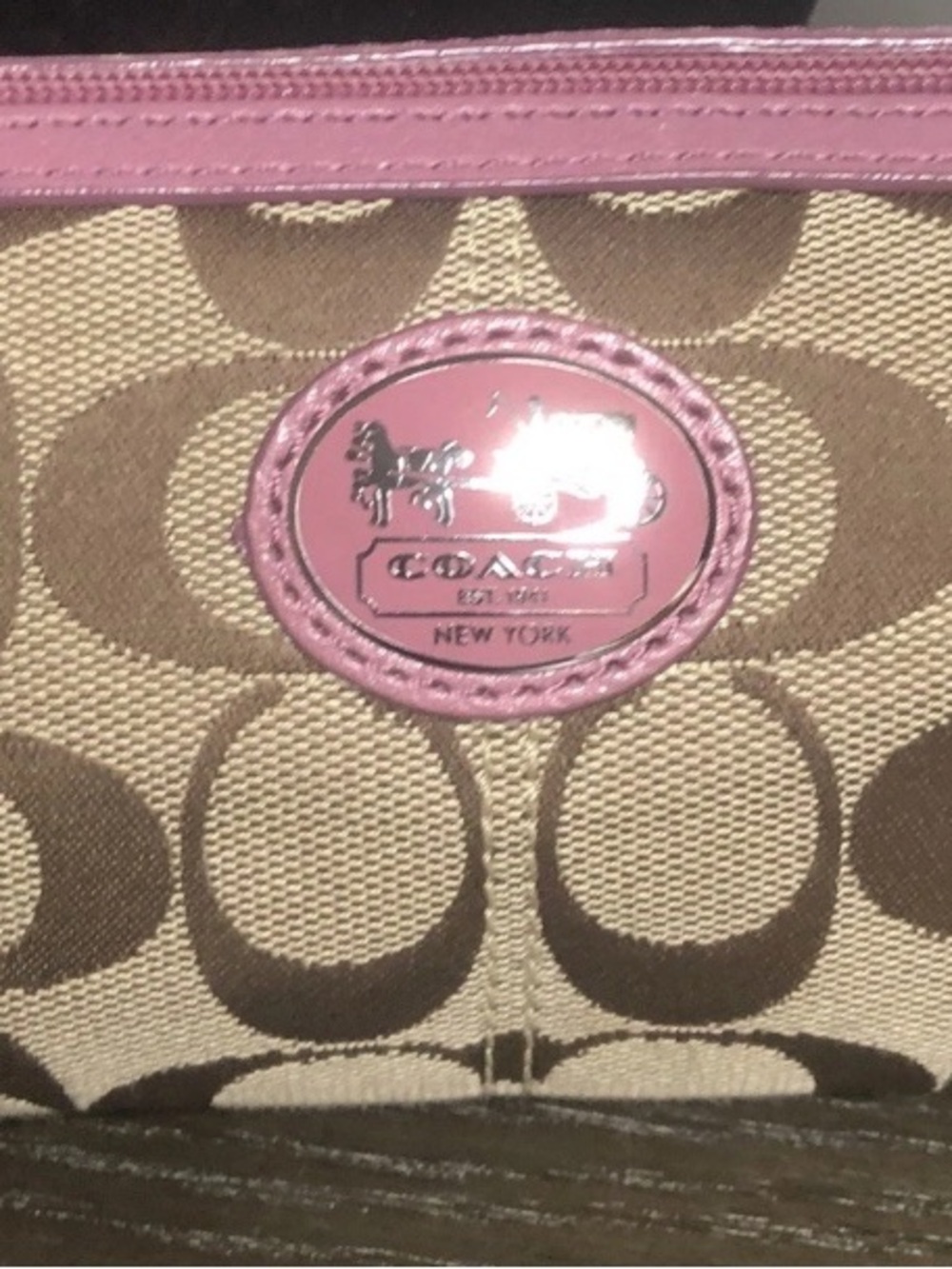Coach Beige Signature Canvas Cosmetic Case with Pink Trim